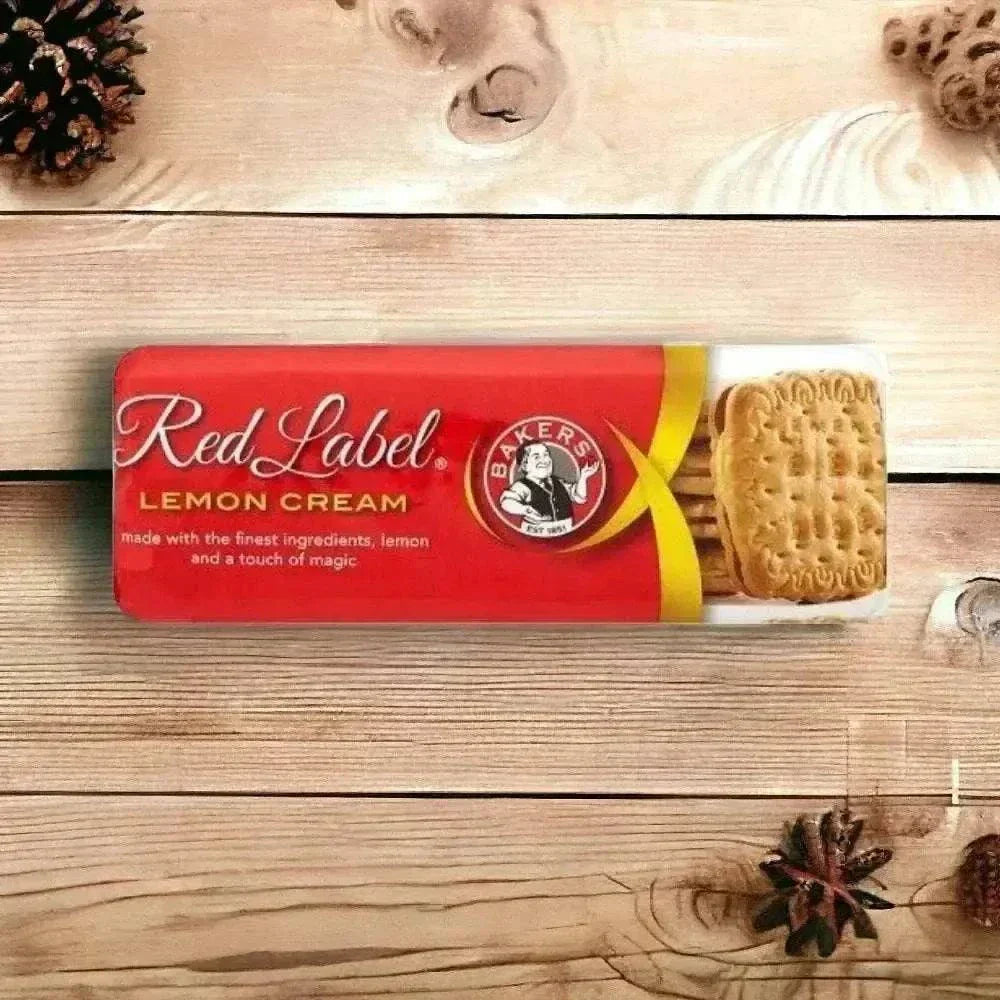 Bakers Red Label Lemon Creams biscuits 200g pack with vanilla exterior and tangy lemon cream filling